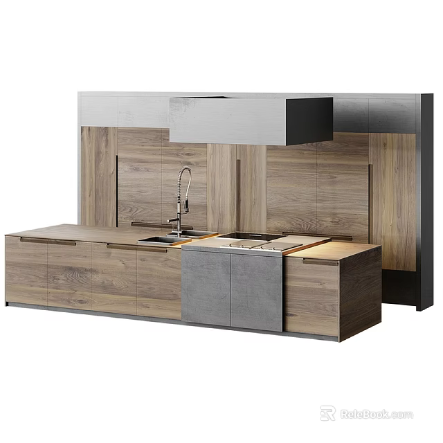 Modern Wooden Kitchen Cabinets With Gray Countertop And Range Hood 3d model 