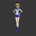 Anime Style 3D Character With Blonde Hair Blue White Outfit Standing Pose