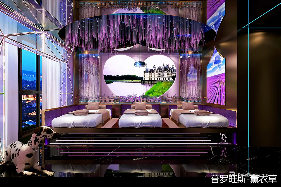 Elegant SPA Sauna With Lavender Theme Heart Shaped Decor Cozy Seating Natural Scenery Warm Lighting 3d model 