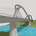 Modern Curved Cable Stayed Bridge Over Blue River With Green Hills Landscape
