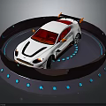 White Sports Car On Circular Display Platform With Blue Lights