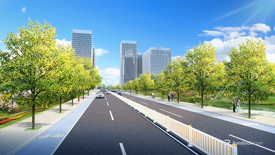 Municipal Road With Green Trees High Rise Buildings Pedestrians Vehicles And Safety Barriers 3d model 