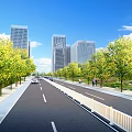 Municipal Road With Green Trees High Rise Buildings Pedestrians Vehicles And Safety Barriers