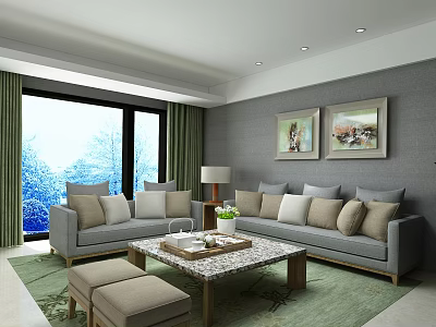 Modern Minimalist Living Room With Grey Upholstered Sofas Large Window Coffee Table And Wall Paintings 3d model