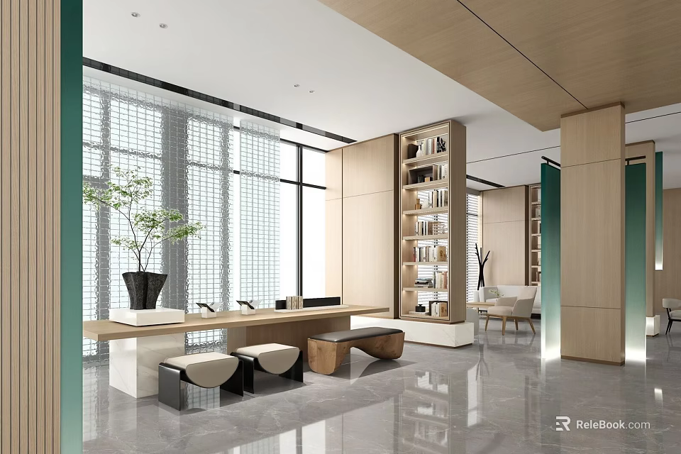 Elegant Modern Sales Office Interior Design With Natural Wood Decor Cozy Seats And Large Windows 3d model 