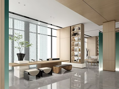 Elegant Modern Sales Office Interior Design With Natural Wood Decor Cozy Seats And Large Windows 3d model