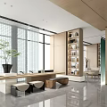 Elegant Modern Sales Office Interior Design With Natural Wood Decor Cozy Seats And Large Windows