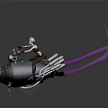 Futuristic Motorcycle with Rocket Thrusters and Purple Flame Trails Ridden by Person in Dark Background
