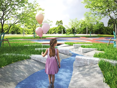 Scenic Park Landscape With Little Girl Holding Pink Balloons Blue Pathway Green Grass And Trees 3d model