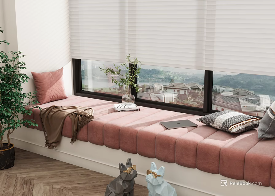 Cozy Pink Bay Window Seat With Pillows Blanket And Potted Plant By White Blinds 3d model 