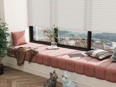 Cozy Pink Bay Window Seat With Pillows Blanket And Potted Plant By White Blinds 3d model