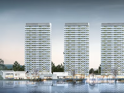 Modern Commercial Street With High Rise Residential Towers Waterfront and Trees 3d model