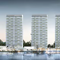 Modern Commercial Street With High Rise Residential Towers Waterfront and Trees