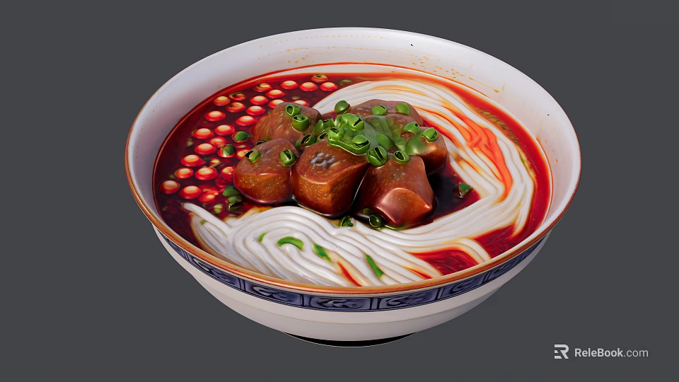 Appetizing Bowl of Noodles with Red Broth Tender Meat Chunks Green Onions and Fresh Coriander 3d model 