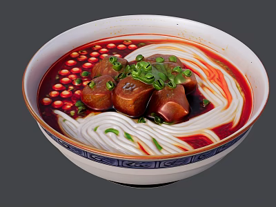 Appetizing Bowl of Noodles with Red Broth Tender Meat Chunks Green Onions and Fresh Coriander 3d model