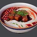 Appetizing Bowl of Noodles with Red Broth Tender Meat Chunks Green Onions and Fresh Coriander