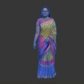 Traditional Indian Woman Wearing Yellow Pink Saree With Blue Border On Grey Background