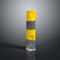 Yellow And Black Striped Construction Bollard With Weathered Surface Design