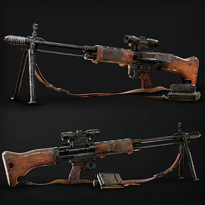 Vintage Rifle With Wooden Stock Metal Scope Tripod Magazine And Parts 3d model Vintage Rifle With Wooden Stock Metal Scope Tripod Magazine And Parts 3d model