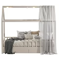 House Shaped Kids Bed With White Frame Curtains Star Moon Decorations And Cloud Pattern Pillows