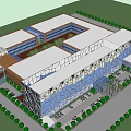 Modern Building Exterior With Blue Geometric Glass Facade Large Portraits And Green Trees