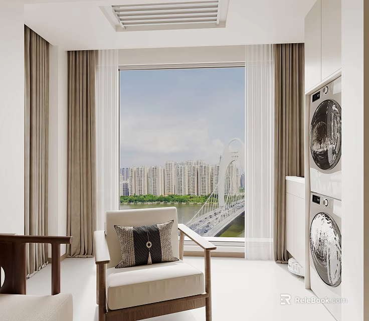 Modern Balcony Cabinet Interior with Washer Dryer and City View Curtains 3d model 