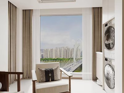 Modern Balcony Cabinet Interior with Washer Dryer and City View Curtains 3d model