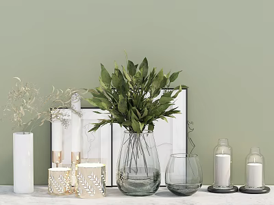 Decorative Ornament Set with Green Foliage Glass Vase Picture Frames Candles and Boxes 3d model
