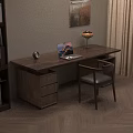 Cozy Wooden Desk Setup With Laptop Table Lamp Alarm Clock Chair And Drawer