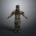 Worn Biological Sci Fi Character In Patched Spacesuit With Helmet And Armor