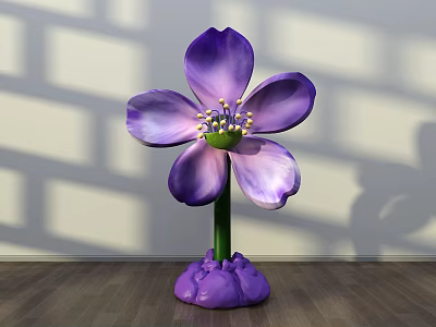 Floral Art Installation with Purple Petals Yellow Stamen and Green Stem in Interior 3d model