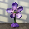 Floral Art Installation with Purple Petals Yellow Stamen and Green Stem in Interior