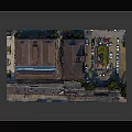 Cartoon Scenic Town With Red Roof Buildings Tower Cars Trees Roads And Parking Lot