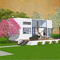 Modern Mobile House With White Exterior Large Windows And Glass Doors On Green Lawn