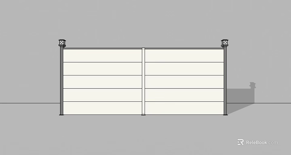 Modern White Double Panel Fence With Decorative Lamp Posts On Sides 3d model