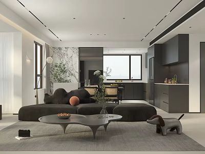 Modern Living Dining Room Interior With Black Sofa Round Coffee Table And Green Plant 3d model