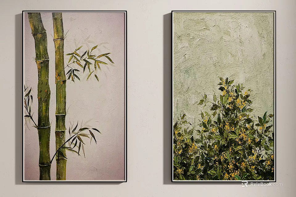 Two Wall Art Paintings Featuring Bamboo And Yellow Flower Plants 3d model 