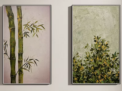 Two Wall Art Paintings Featuring Bamboo And Yellow Flower Plants 3d model