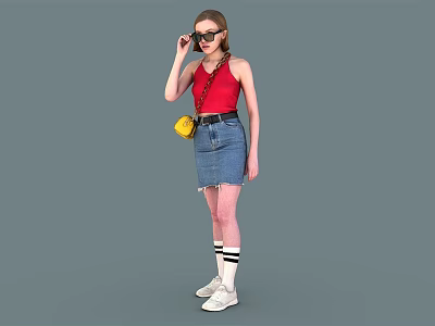 Woman wearing red sleeveless top denim skirt yellow crossbody bag and white sneakers with sunglasses 3d model