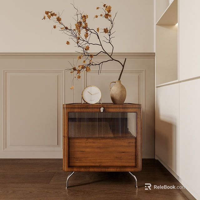 Wooden Nightstand With Round Clock And Vase Holding Dried Branches In Bedroom 3d model 