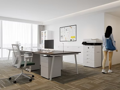 Modern Public Office Space With Large Windows Natural Light Desk Computer Office Chair And Printer 3d model