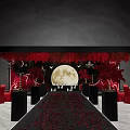 Wedding Banquet Hall With Red Floral Decorations Full Moon Backdrop And Red Carpet Aisle