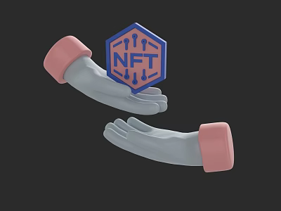 Gray Gloves With Pink Cuffs Holding Blue Hexagon NFT With Arrow Patterns 3d model