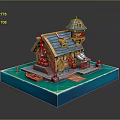 Wooden Waterfront Cottage With Blue Roof Small Boat Steps And Dock Display Model