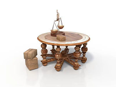 Exquisite Carved Balance Scale Sculpture with Wooden Blocks on Ornate Round Table 3d model