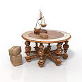 Exquisite Carved Balance Scale Sculpture with Wooden Blocks on Ornate Round Table