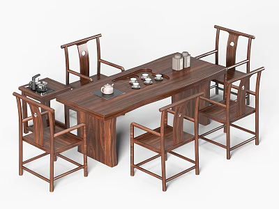 Traditional Chinese Solid Wood Tea Table and Chairs with Teapot and Teacups 3d model