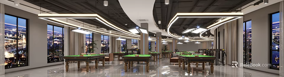 Spacious Modern Billiard Room Interior Design With Comfortable Chairs Billiard Tables And Bright Lighting Fixtures 3d model 
