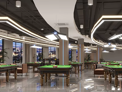 Spacious Modern Billiard Room Interior Design With Comfortable Chairs Billiard Tables And Bright Lighting Fixtures 3d model