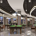 Spacious Modern Billiard Room Interior Design With Comfortable Chairs Billiard Tables And Bright Lighting Fixtures